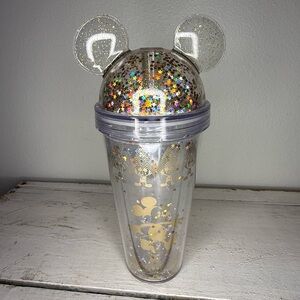 Miniso Disney Mickey Mouse Plastic Tumbler  Gold Glitter ~ Ears on Lid, MINT